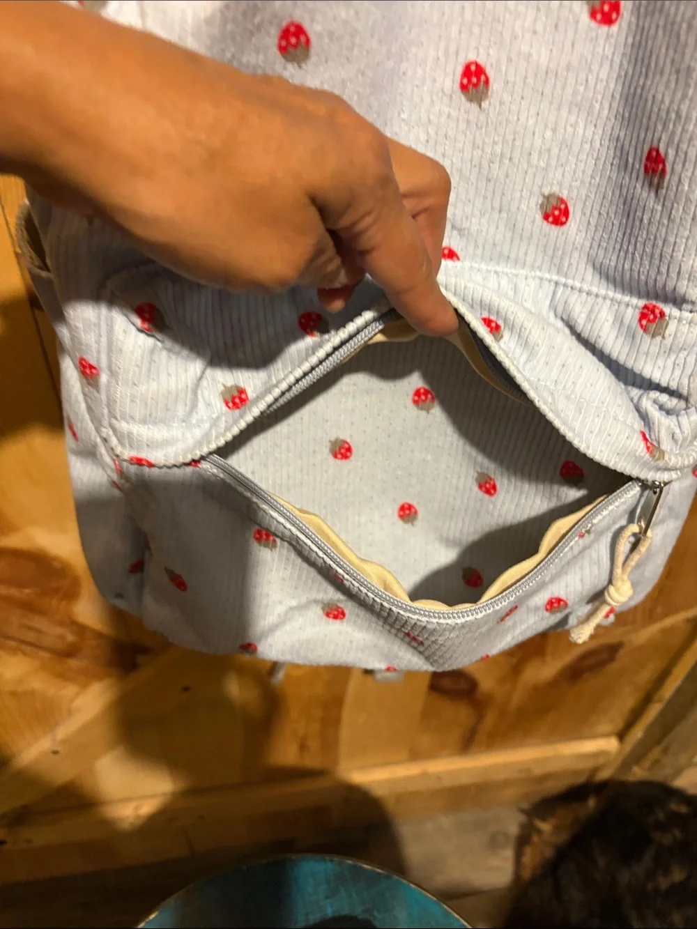 Light Blue Corduroy Kids Backpack with Strawberry Motif and Matching Pouch